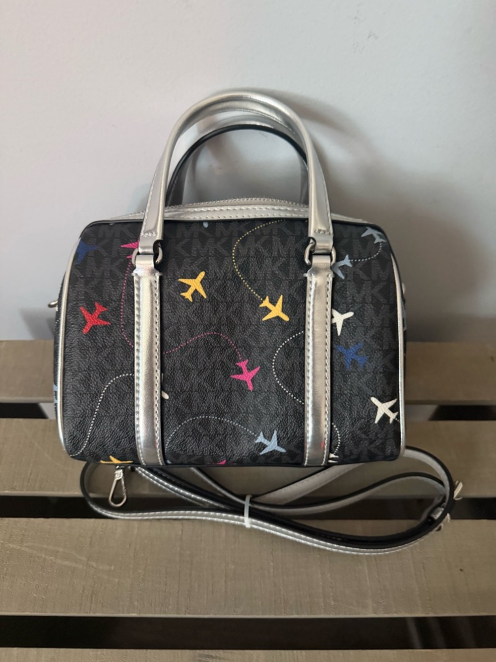 Michael Kors Black Plane-Print Small Duffle Crossbody with Silver Trim - Picture 4 of 6